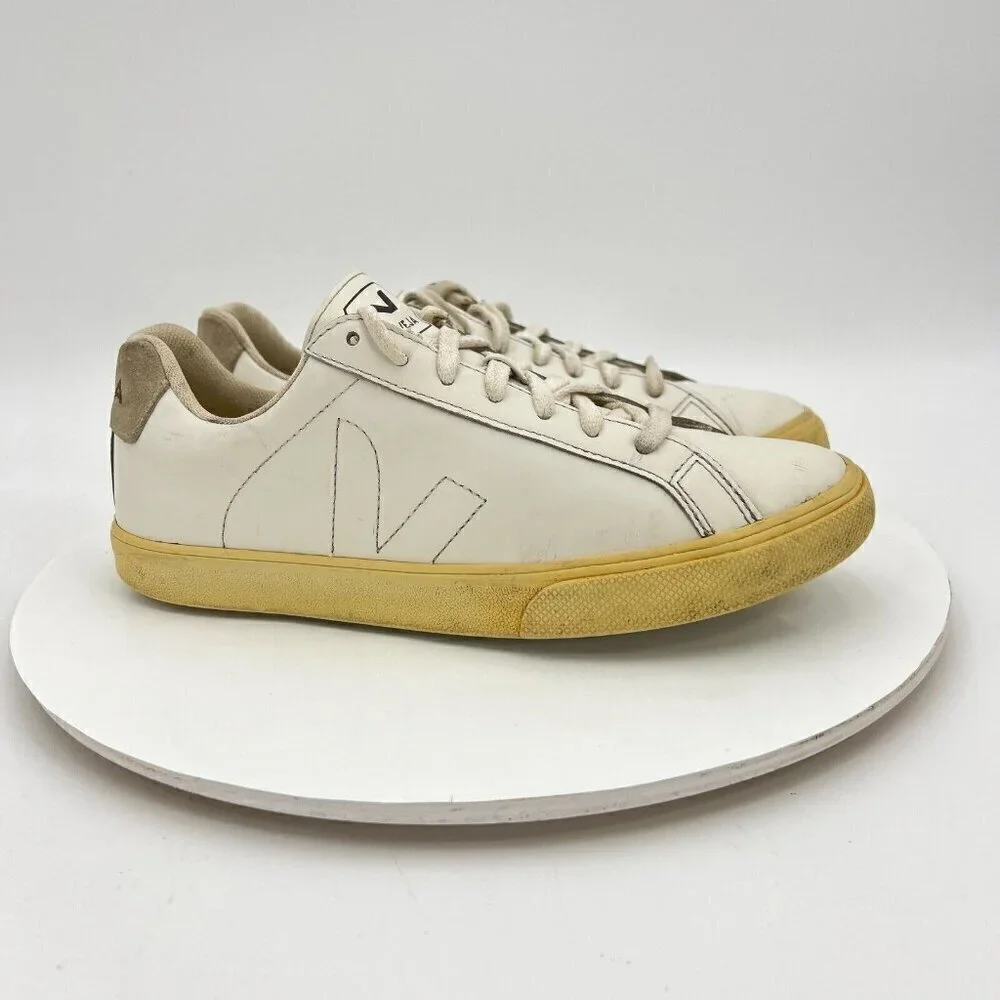 Veja Esplar Women Size 7 Extra White Leather V stitch Logo Lace Up Training Shoe